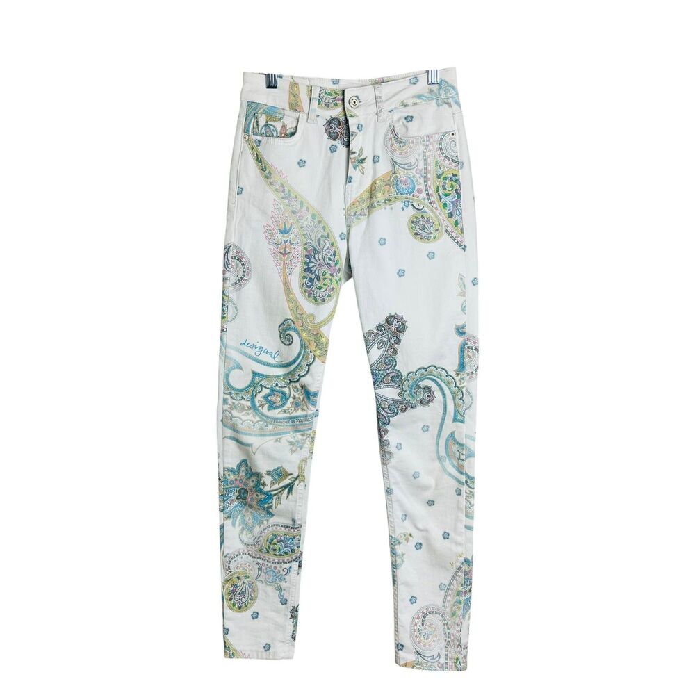 Desigual Pants Womens 34 White Paisley Print Slim Fit Casual Boho Floral Jeans